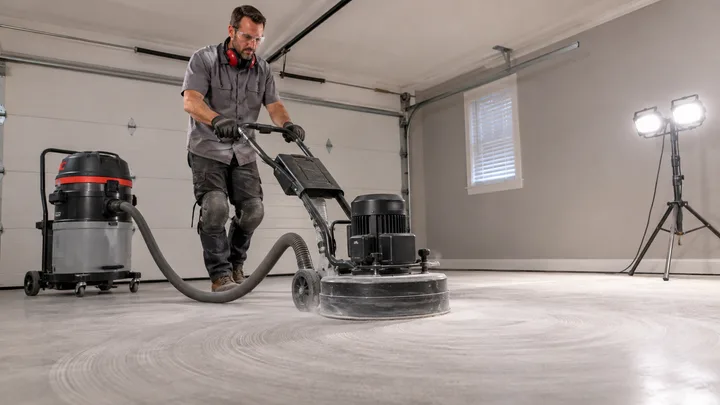 Professional running a planetary diamond grinder with dust extraction on a garage slab